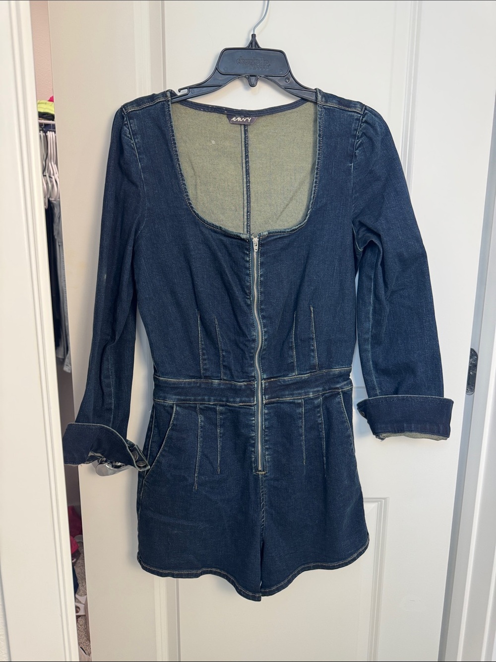 We The Free Dark Blue Denim Zip Romper with Long Sleeves